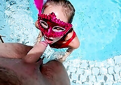 Little Bitch Sucks Wang, Deepthroat in a Swimming Pool with Bawdy Facial