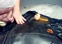 cum on vintage leather biker jacket wearing two filthy knickers