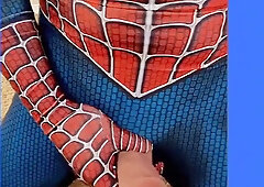 Spidermans jizz-shotgun and Spiidersmans jizz shot costume play Spidey's Web's