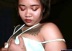 Curvy Thai BBW MILF bar girl moans when riding a big white cock