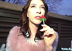 Public Agent Chanel Kiss sucks cock before being bent over in public toilets for sex