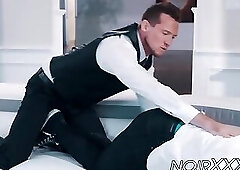 Handsome tall businessman anally fucks young hunky black gay