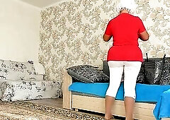 Bulky, blond mom is getting screwed from the back, in front of a hidden camera