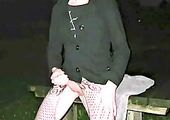 Public walk in fishnets on the street flashing clitty