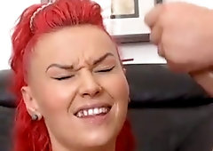 Lusty amateur redhead gives nice blowjob and gets messy cumshot