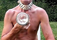 dirty gay pig servenaked outdoor in peniscage after enema dildo in ass and bottle fuck