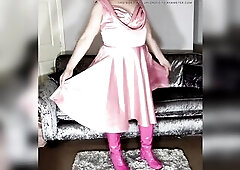 Tv crossdresser in soft pink satin sissy suit with hawt pink pvc boots