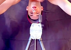 Twink moaning as precum drips in gay Fleshlight anal closeup