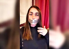 GlitterGiiiirl’s Throat Sealed with Duct Tape Caressing Chastity Cage Beneath Sheer Hose [Preview]