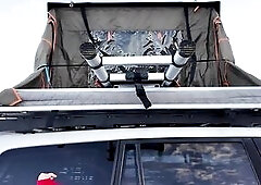 Mountain hotty shows off rooftop tent set up and light up anal intercourse