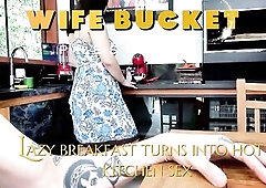 My voluptuous wifey's massive boobs wanted to jump without her cute floral summer costume whilst this babe was making coffee, and all I was think