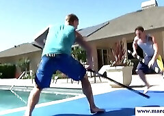 Muscle jock sucks and fucks by the pool