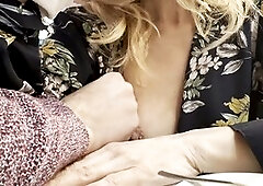 Sexy blonde wifey shows off her pierced nipples in a packed café