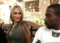 Sexy breasty blond sucking large ebony shlong and drilled in hard interracial threeway