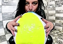 Dominant Latex MILF Balloon Fetish. Smoking, Giant Popping, Cameltoe and Orgasm