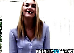 Pervert with camera pretending to buy house in the Hollywood Hills manages to trick this stunning blonde realtor into fucking him on camera.