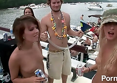 Lesbian party on a lake boat with bikini girls and exposed panties