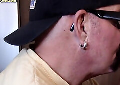 Gloryhole DILF with moustache deepthroats cock in closeup