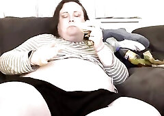 HUUGE big beautiful woman trans cutie with large corpulent stomach stuffs with junk food