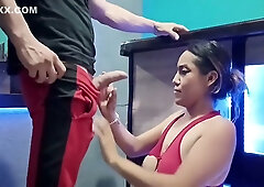 Latina brunette takes control with deep throat and handjob in dimly lit room