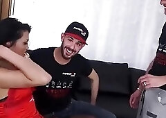 Ravishing shemale enjoys double penetration after giving long sloppy blowjobs