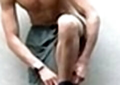 FootFriends.com: Solo shaved and muscled gay in shoes fetish ramming hard outdoors