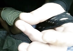 Guy and woman suit as harlots. They play with his schlong and vagina; this chab gives her jizz on her ass cheeks.