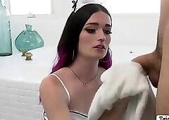 Trans maid gives blowjob to her boss after shower