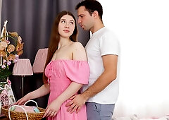 Awesome brown-haired model Miss Sunset jumps on a big loaded dick