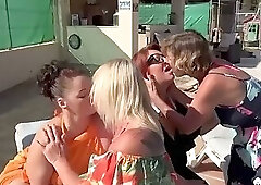 Busty Lesbian Poolside Foursome With Shaved Pussy - OLDNANNY