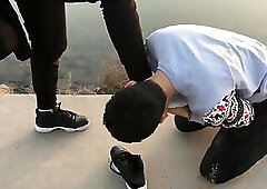 Chinese twink slave fetish and  blowjob in public