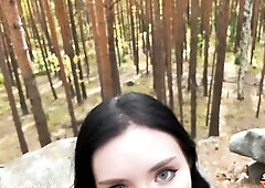 Brunette Hair Public Deepthroats Ramrod And Coarse Bangs In The Wood