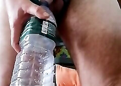I Piss Three Times in the Empty Bottle and Play with My Hard Cock!