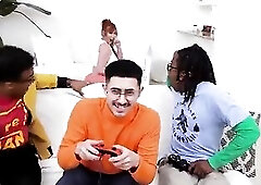 Nerd Plays COD During the time that HIs Stepmom Plays With His Ebony Ally's Large EBONY RODS!
