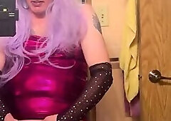 Crossdresser in Purple Masterbating with Cum Drinking Finish!