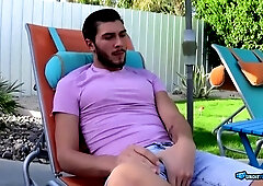 Bearded Jock Caresses His Rigid Wood Under His Striped Panties