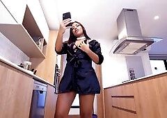 Super Hawt Teen Playing With Ebony Sex-toy In The Kitchen. POV