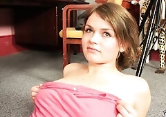 Iveta begins to get comfortable in the Office as this babe can't resist Tom. This chab flatters her by asking if that babe's eighteen and ne