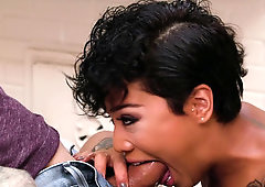 Inked babe with short hair loves sucking off her big boyfriend