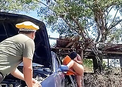 While the taxi driver fixes the car, the beautiful stepmother fucks her stepson.