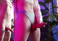 Femboy Edges Huge Cock And Fucks Fleshlight In Pink Fishnets