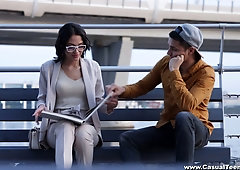 Nerdy brunette in glasses Angelina Jolie hooks up with one stranger dude