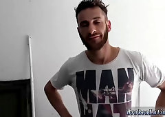 Bearded stud strips and jerks off with a gay guy