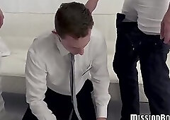 Shy young gay deepthroats before rough threeway barebacking