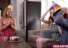 Birthday girl rides tattooed lover while her friend joins in the bedroom celebration