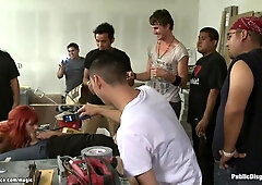 Redhead takes big cock in ass in public