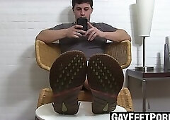 Aldo the stud flaunts sexy feet while stroking his thick cock
