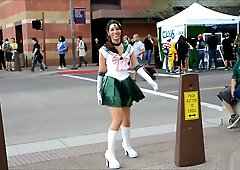 Cosplay girl flashes herself in full costume at crowded convention