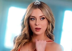 Stunning glamorous blonde Charlotte Sins is sucking her lovely dildo