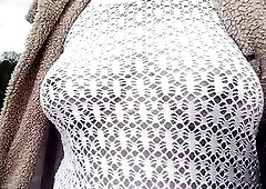 I'm walking out of a brassiere, in a watch thru fishnet top in a public park so everybody can watch my large bazookas if they crave.